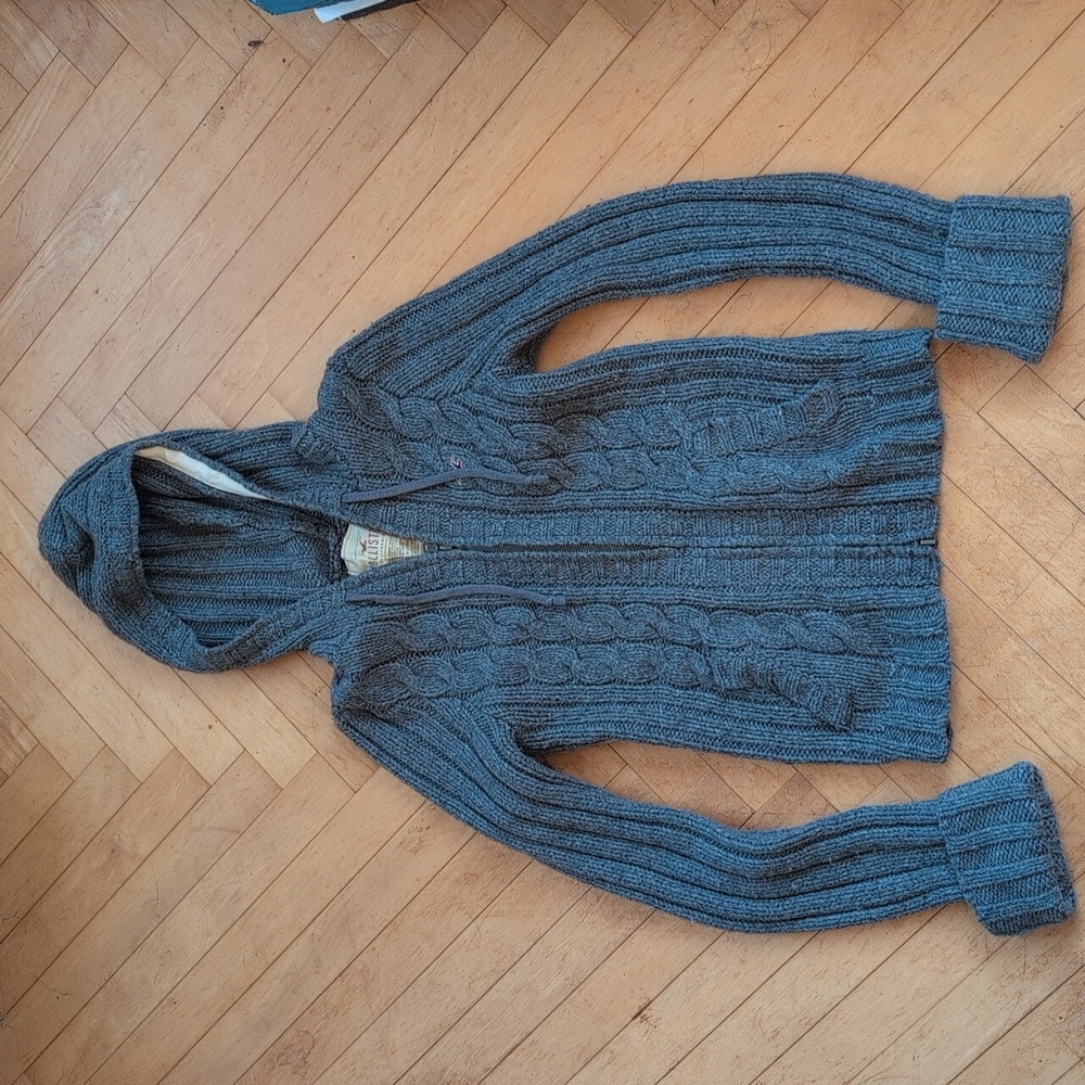 Grey Hollister Cable Knit Wool Zip Up Sweater Hoodie Size M
